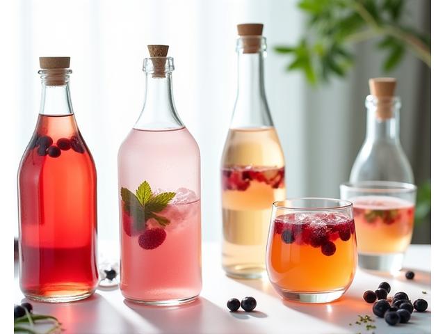 Kivoja virvoitusjuomia ja alkoholittomia cocktaileja trendikkäissä pulloissa lasien kera pöydällä.