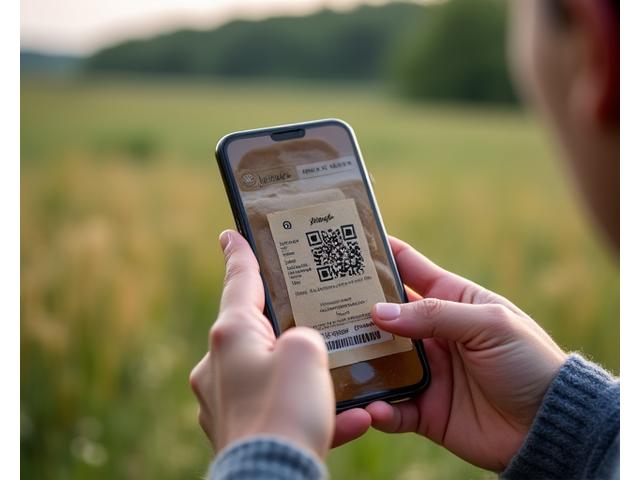 Käsi skannaa QR-koodia artesaaniruokatuotteen pakkauksesta, taustalla maaseutumaisema.