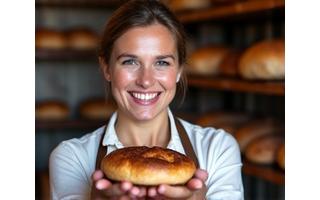 Maija Viljaranta, leipuri, hymyilee leipomon edessä, kädessään tuore ruisleipä.
