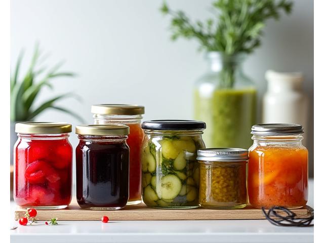 Monipuolinen valikoima suomalaisia säilöttyjä kasviksia ja gourmet-kastikkeita lasipurkeissa.