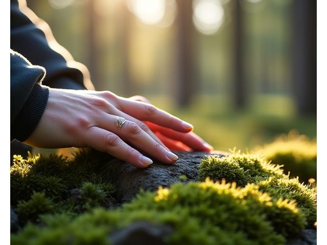 Nainen meditoimassa hiljaisessa metsässä päiväretkellä, keskittyen luonnon ääniin ja sisäiseen rauhaan.