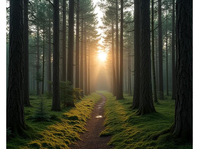 Metsämaisema keskiyön auringon valossa, symboloi syvyyttä ja pitkäkestoisuutta, kuten viikon mittainen hyvinvointiretriitti.