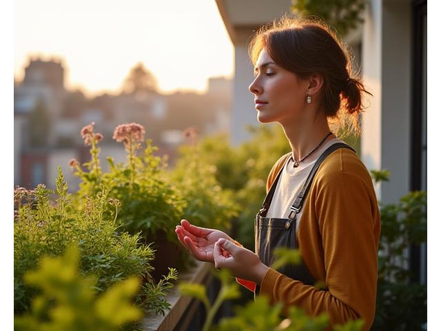 Nainen meditoi kaupunkipuutarhassa, kädessään Kivi Kukan puutarhanhoitotyökalut.