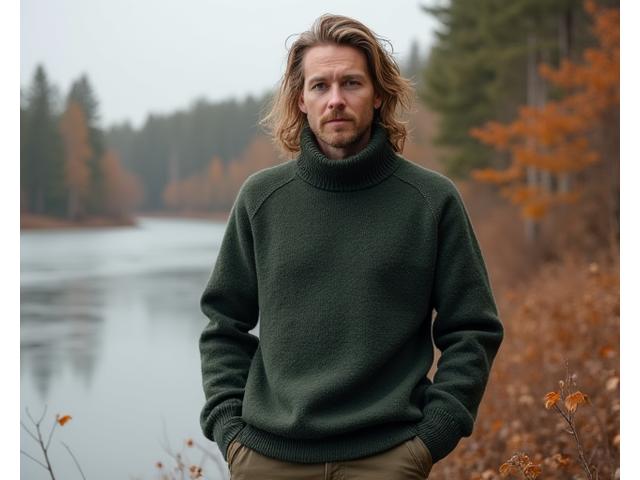 Mies pukeutuneena paksuun villapaitaan ja pimeänvihreisiin housuihin talvisessa metsäympäristössä.