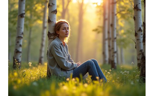 Nainen meditoimassa rauhallisesti nuoren koivumetsän keskellä, auringonpaiste läpäisee lehtiä