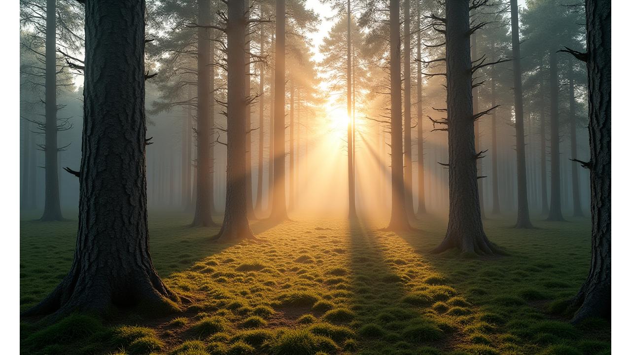 Sumuinen suomalainen kuusimetsä auringonnousun aikaan, rauhallinen tunnelma