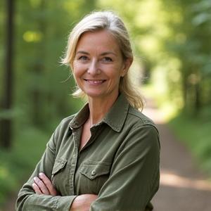 Ystävällisen näköinen naisohjaaja metsäpolulla hymyilemässä, pukeutunut luontoystävällisesti
