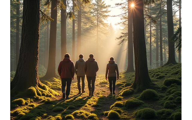 Ryhmä ihmisiä harjoittelemassa liikkuvaa meditaatiota vanhassa kuusimetsässä