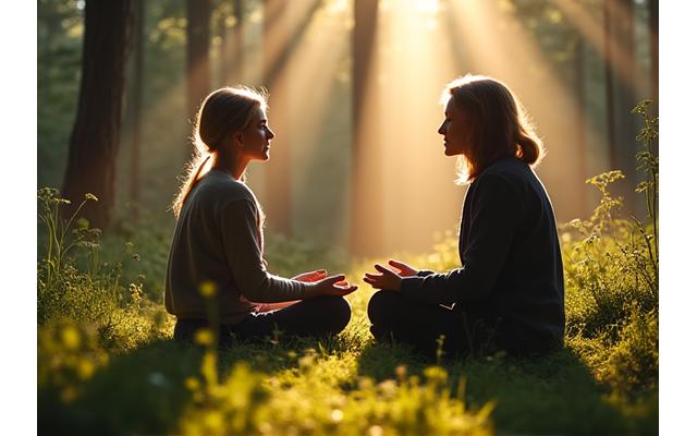 Meditaatio-ohjaaja opastaa yksittäistä asiakasta rauhallisessa metsän siimeksessä