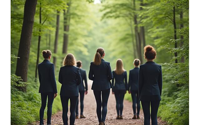 Työporukka tekee mindfulness-harjoituksia metsäpolulla, ohjaaja edessä
