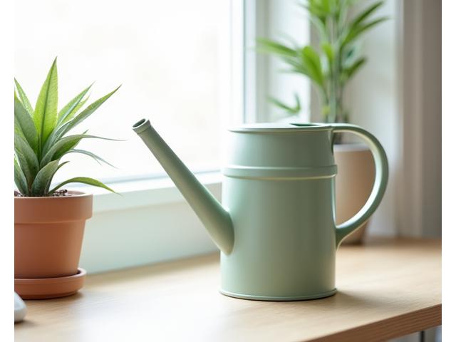 Moderni, minimalistinen kastelukannu pöydällä viherkasvien vieressä.