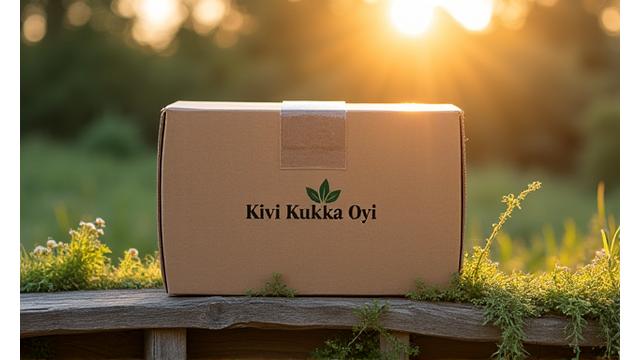 Paketti, jossa on Kivi Kukka Oy:n logo, odottaa toimitusta luonnonvalossa