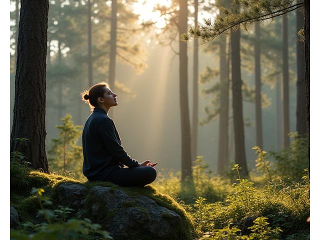 Yksinäinen henkilö meditoimassa hiljaisessa metsässä auringonsäteiden läpi puiden, rauhallinen tunnelma.