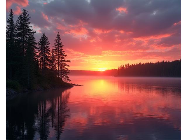 Kaunis auringonlasku Nuuksion kansallispuiston järvimaisemassa hiljaisena iltana.