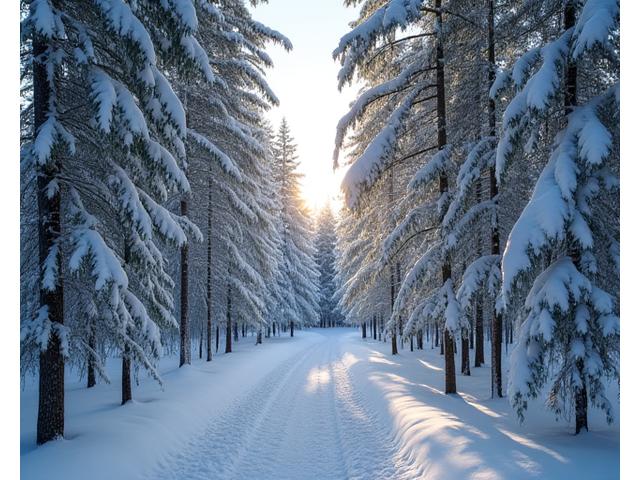 Talvinen metsäpolku peittyen puuterilumeen, aurinko siivilöityy puiden läpi