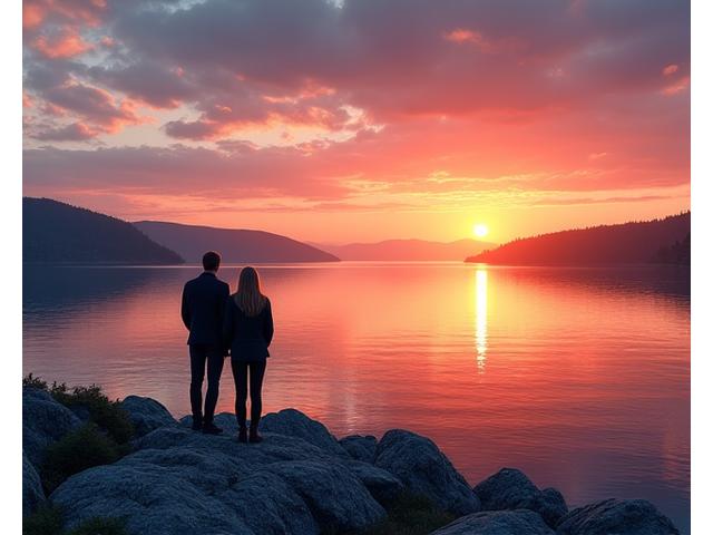Pariskunta katsoo auringonlaskua järven rannalla