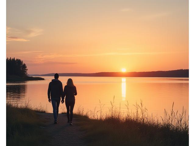 Nuori pariskunta kävelee käsi kädessä rannalla auringonlaskussa, meri taustalla