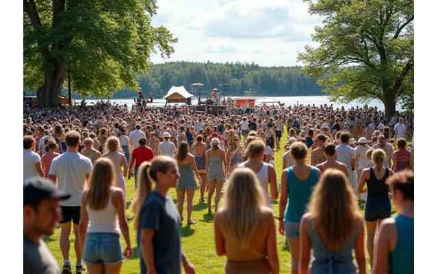 Festivaalin yleisö juhlii iloisesti ulkoilmassa, bändi soittaa lavalla taustalla