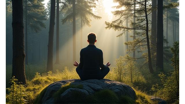 Rauhallinen henkilö meditoimassa luonnossa, vaimennetut värit ja seesteinen tunnelma.